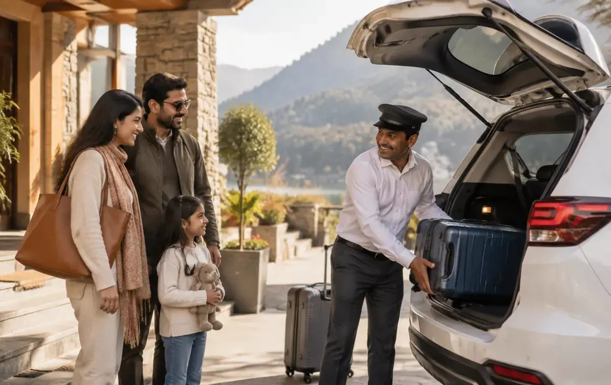 Driver helping travellers with luggage